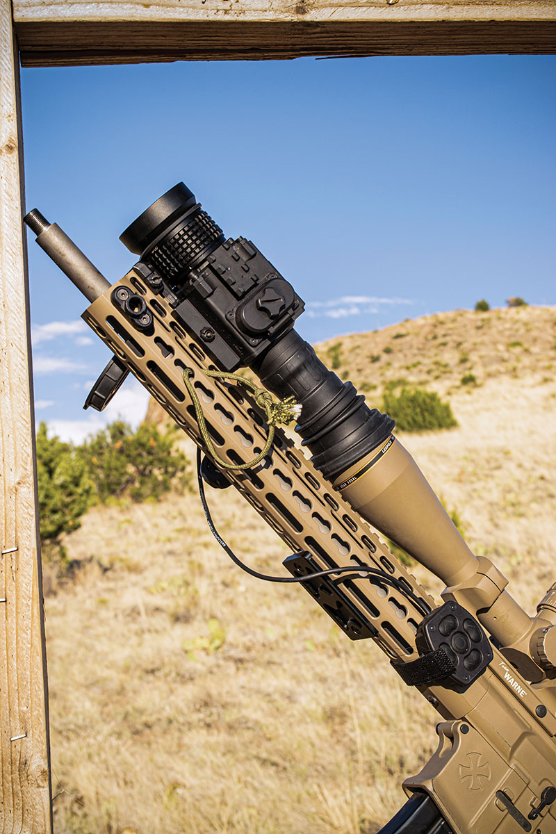 The AGM Victrix Pro TC50-384 easily mounts to any rifle with a Picatinny rail forward of the optic. It can also be mounted directly to the scope with adapters that are sold separately. However, it puts extra strain on the scope mounts, especially when under recoil. The controls can also be mounted further back from the rifle, which prevents you from having to reach past your optic to adjust settings or magnification.